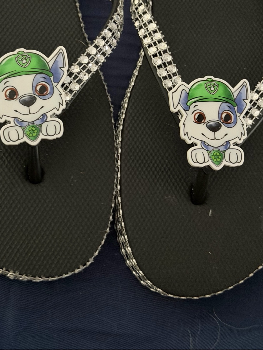 Black Flip Flops with Green Puppy Charm